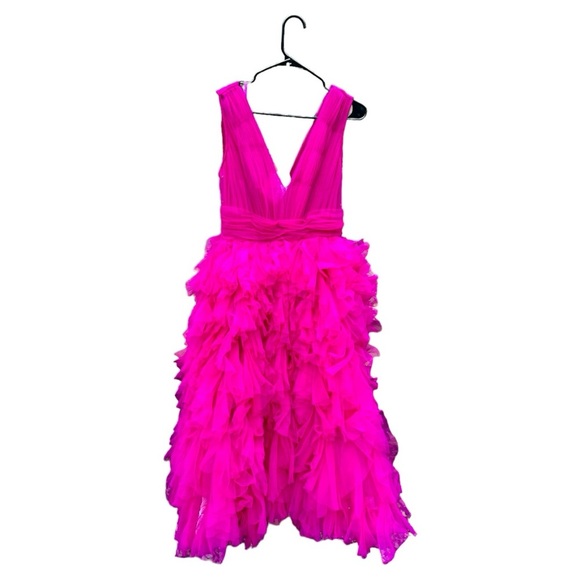 COPY - NWT MAC DUGGAL RUFFLED CAP SLEEVE V-NECK A LINE TULLE DRESS Fuchsia - Picture 3 of 7